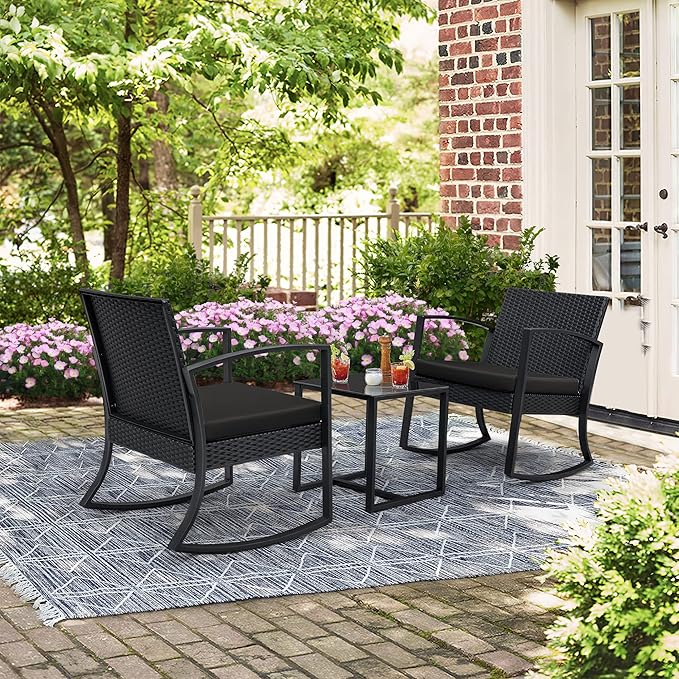 Greesum 3 Pieces Outdoor Furniture Set Patio Bistro Rocking Chairs - Image 2