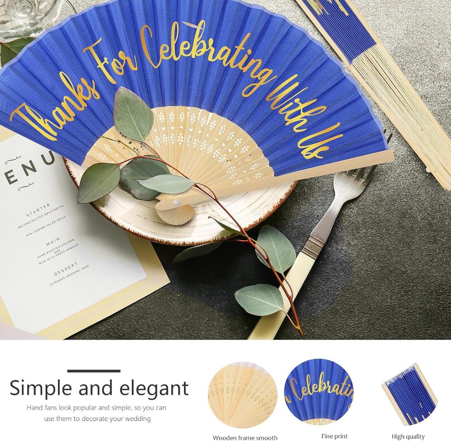Jetec 50 Pcs Wedding Fans for Guests Bulk Silk Hand Fans Handheld Folded Thank You for Celebrating with Us Wedding Favors for Bridal Bridesmaid Baby Shower Dancing Party Church Gift(Royal Blue)