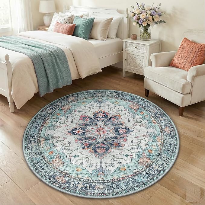 RELEANY Area Rugs Round 4ft Washable Non-Slip, Floral Vintage Distress Print - Image 3