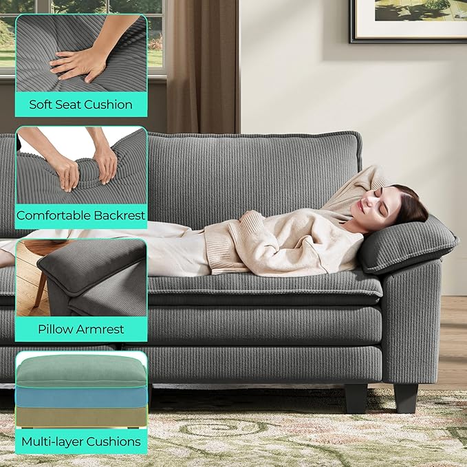 LINSY HOME 123" Modular Sectional Sofa, 3-Seat Corduroy Modern Cloud Couch - Image 4