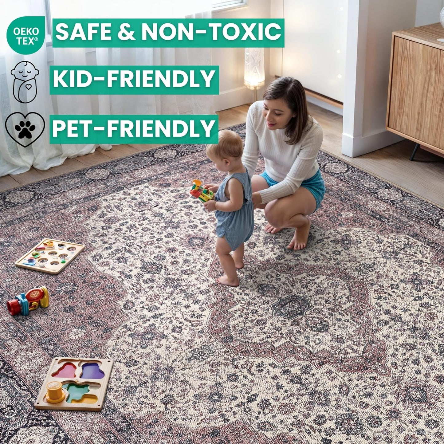 Bloom Rugs Washable Non-Slip 12 ft Runner - Cream/Green Traditional Medallion Runner for Entryway, Hallway, Bathroom, and Kitchen - Exact Size: 2.5' x 12'