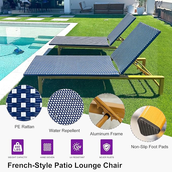 PURPLE LEAF Patio Chaise Lounge French Outdoor Lounger 2 Pieces Wood-Grain - Image 4