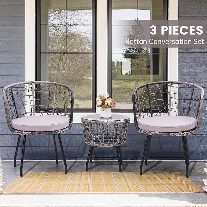 Kromax 3 Piece Bistro Set, Modern Outdoor Wicker Patio Furniture - Image 2