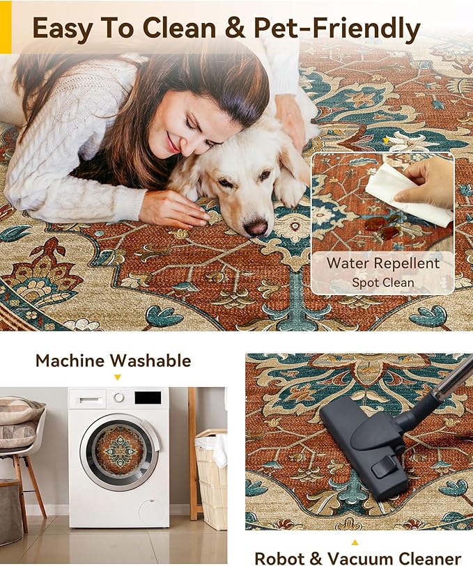 RELEANY Area Rugs Round 4ft Washable Non-Slip, Floral Vintage Distress Print - Image 5