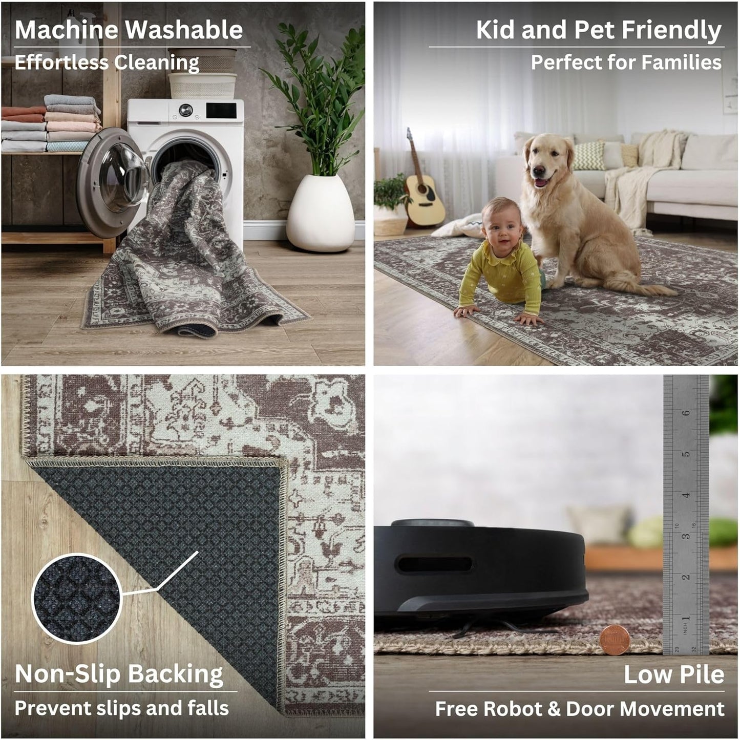 Bloom Rugs Washable Non-Slip 5' x 7' Rug - Dark Brown Traditional Medallion Area Rug for Living Room, Bedroom, Dining Room, and Kitchen - Exact Size: 5' x 7'