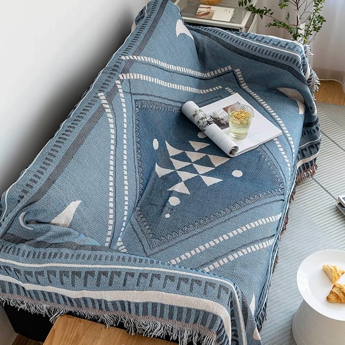 VClife Boho Couch Cover White Blue Plaid Stripe Couch Cover Washable L Shape - Image 7
