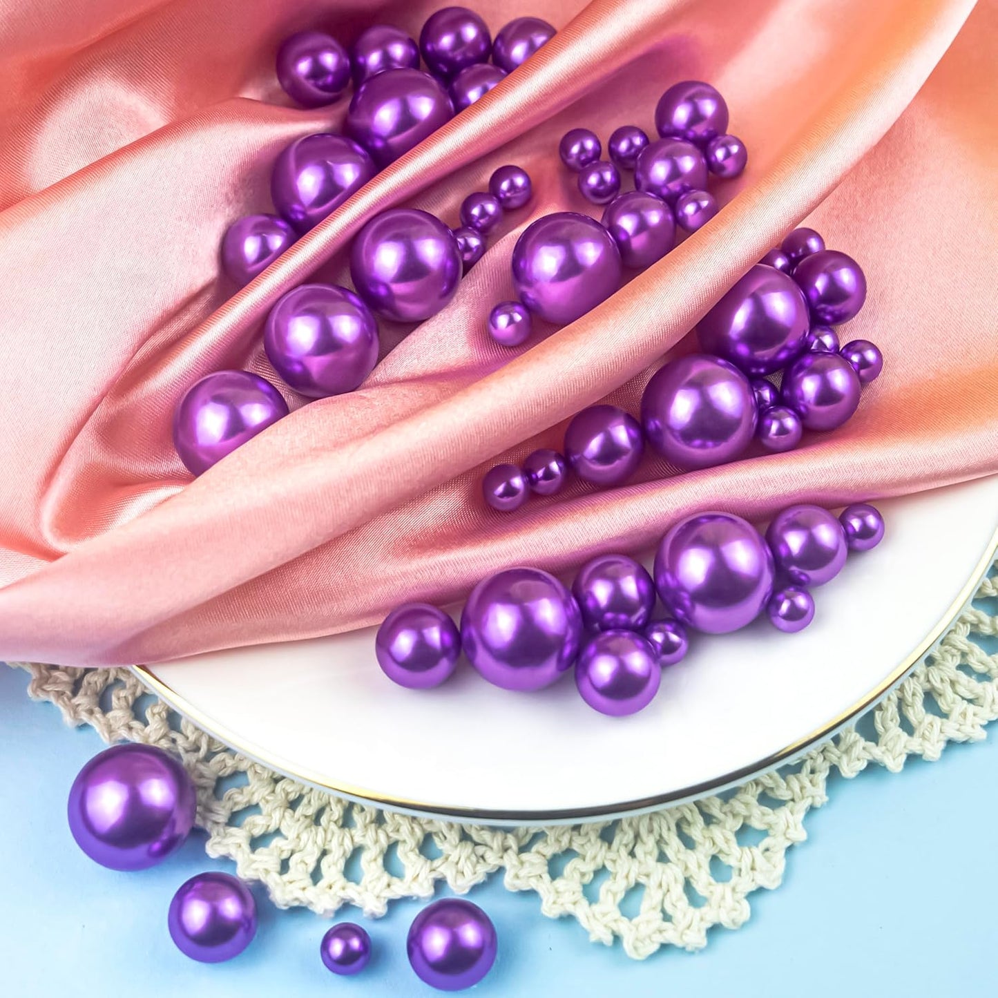 150Pcs Purple Polished No Hole Faux Pearl Beads for Vase Filling Decorations, Plastic Pearls Vase Fillers, Table Scatters, Wedding Centerpiece, Home Decor, 8/14/20 mm