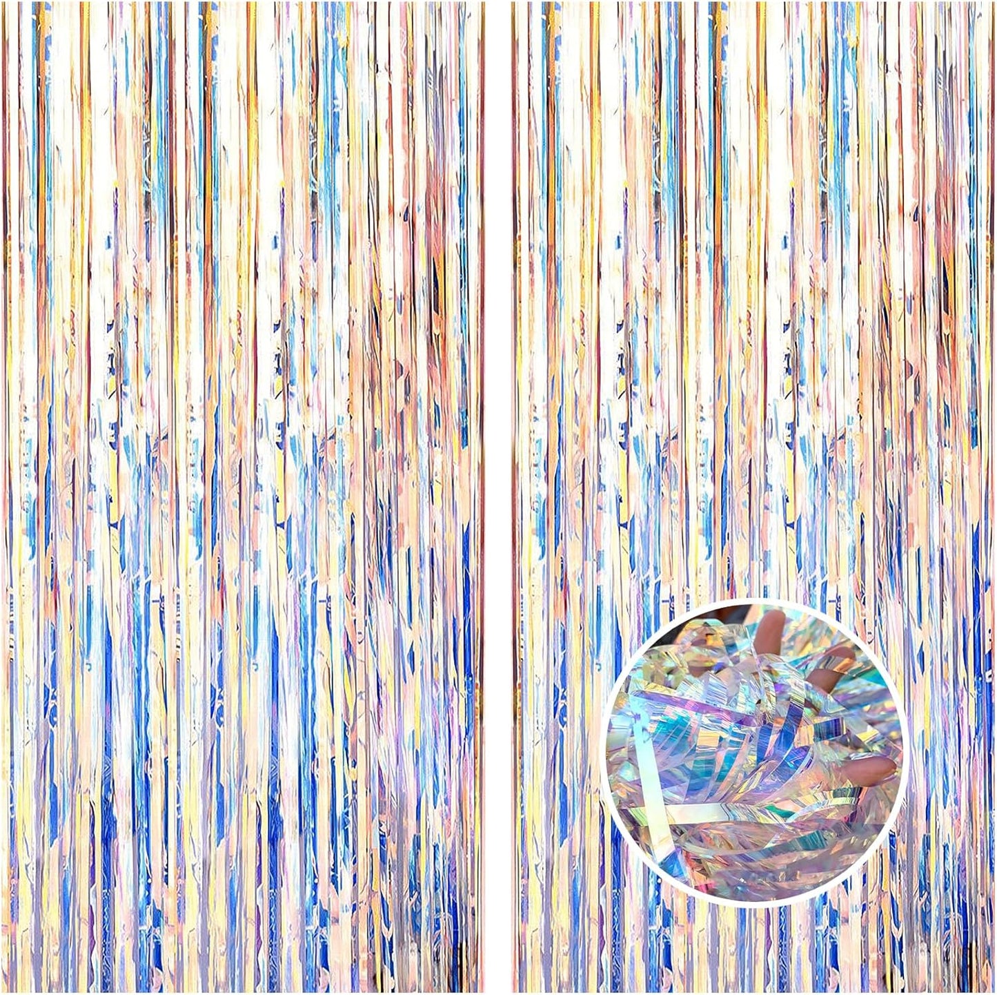 CANREVEL 2 Pack 3.2x6.5 Feet Iridescent Foil Fringe Backdrop Curtains, Neon Transparent Holographic Tinsel Streamers Party Decorations for Mermaid/Frozen/Sea/Euphoria/ERAS Party