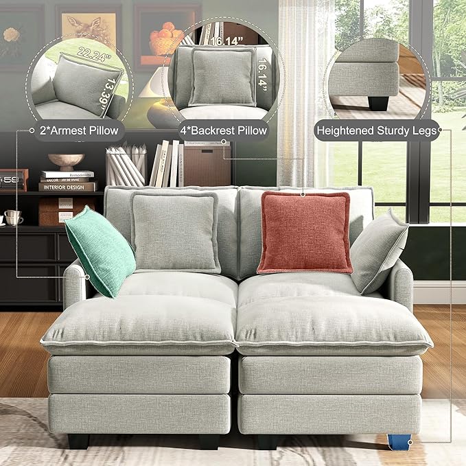 58" Cloud Couch Loveseat, Deep Seat Modular Sectional Sofa - Image 4
