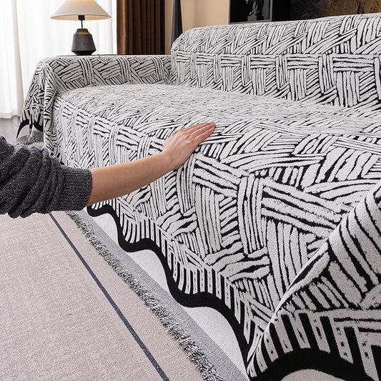 VClife Boho Couch Cover, Abstract White and Black Line Geometric Jacquard Couch by VCLIFE