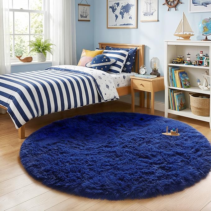 Navy Blue Round Rug 7Ft for Living Room Bedroom, Large Fluffy Fuzzy Circle Area - Image 3