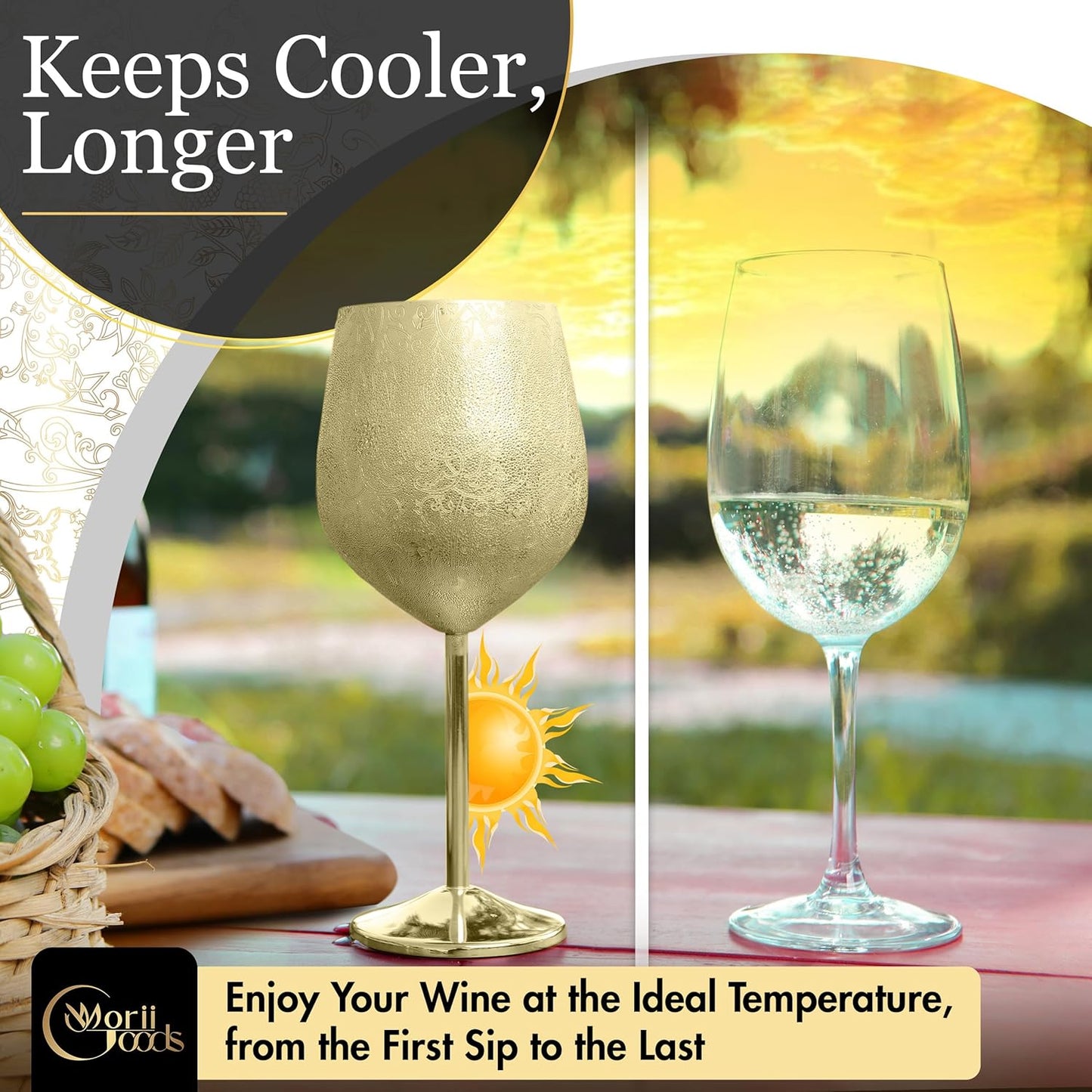 Stainless Steel Wine Glasses - Set of 2 Etched 16 oz Metal Goblets, Unbreakable Gold Cups for Camping, Travel, Outdoor Events, Picnics, Luxury Wine Gifts for Women and Men