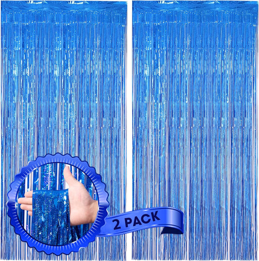 2 Pack Laser Blue Foil Fringe Backdrop Curtains, Tinsel Streamers Birthday Party Decorations, Fringe Backdrop for Graduation, Baby Shower, Gender Reveal, Disco Party