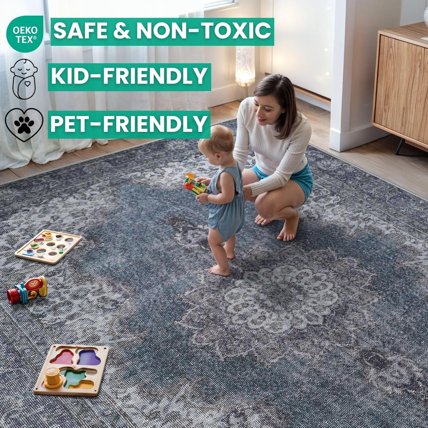 Bloom Rugs Washable Non-Slip 5' x 7' Rug - Dark Teal Traditional Medallion Area Rug for Living Room, Bedroom, Dining Room, and Kitchen - Exact Size: 5' x 7'