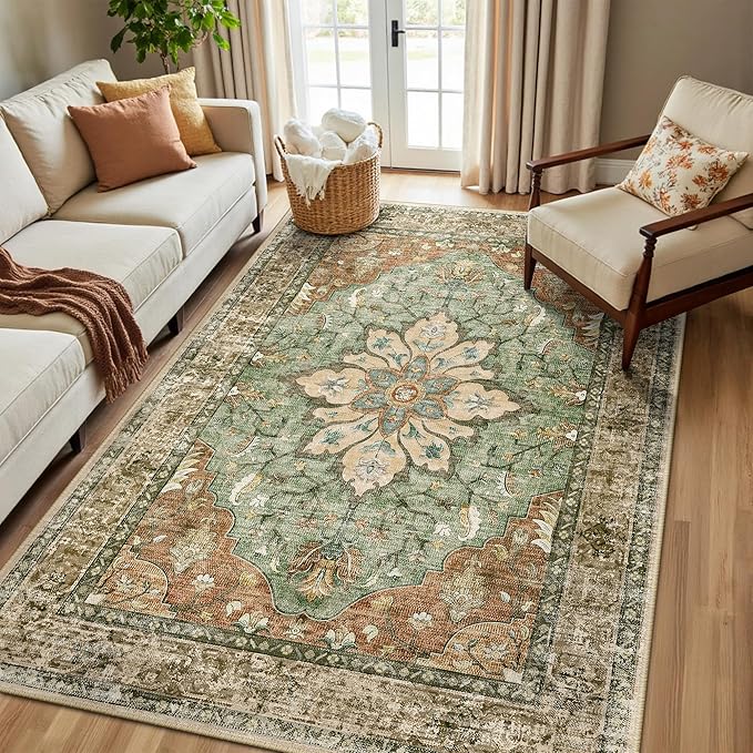 RELEANY Area Rugs 5'x8' Washable Non-Slip, Floral Vintage Distress Print by RELEANY