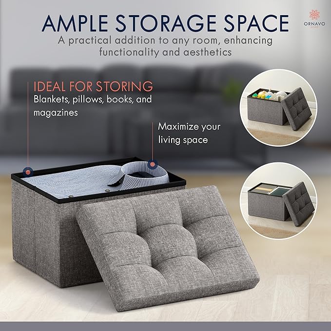 Ornavo Home Small Storage Ottoman, Foldable Collapsible Rectangle Linen Ottoman - Image 3