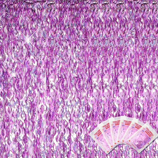 Jutom 6 Pieces 3.3 x 6.6 ft Wavy Tinsel Foil Fringe Curtains Foil Fringe Streamer Backdrop Party Curtain for Sea Mermaid Baby Shower Birthday Party Decoration(Purple)