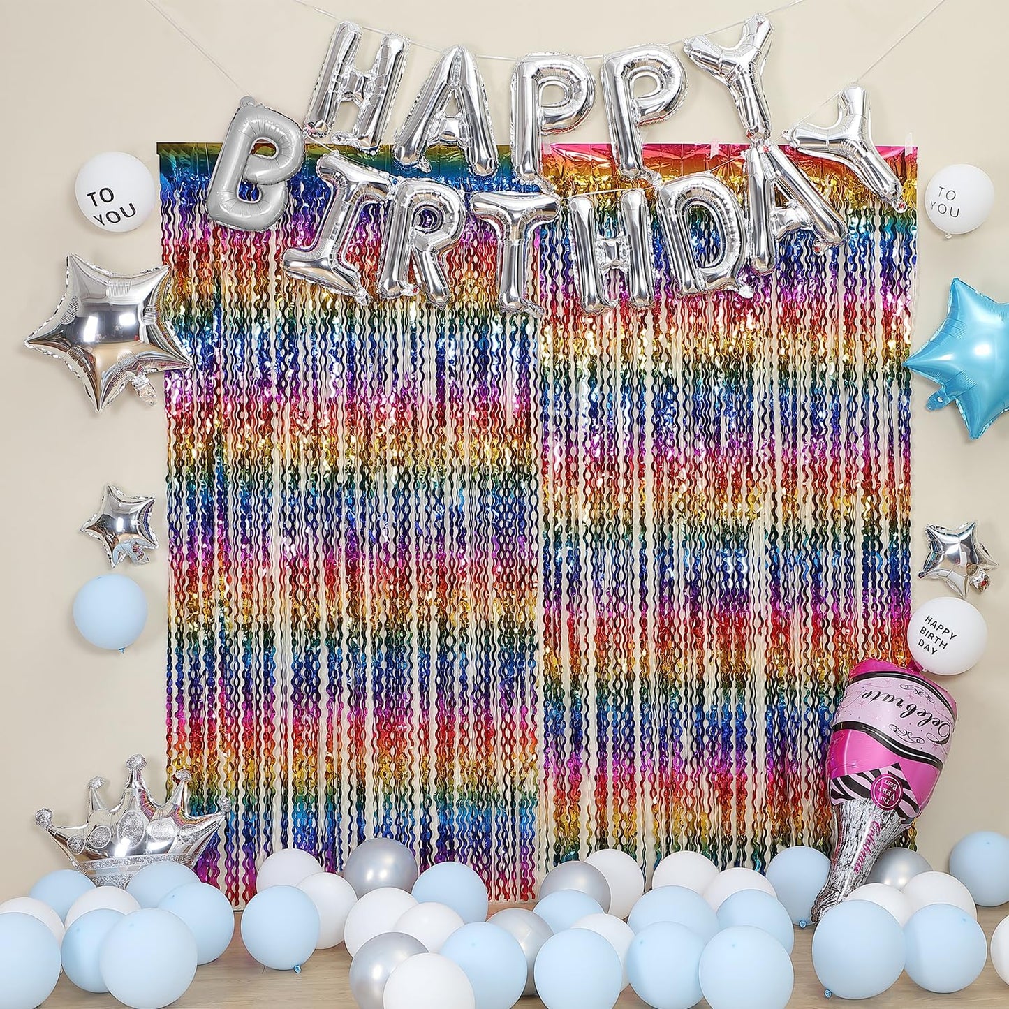 3 Pack Colorful Foil Fringe Curtain Backdrop - 6.6 x 3.3 ft Wavy Rainbow Tinsel Backdrop Curtain Metallic Streamers Iridescent Holiday Photo Booth Party Decorations