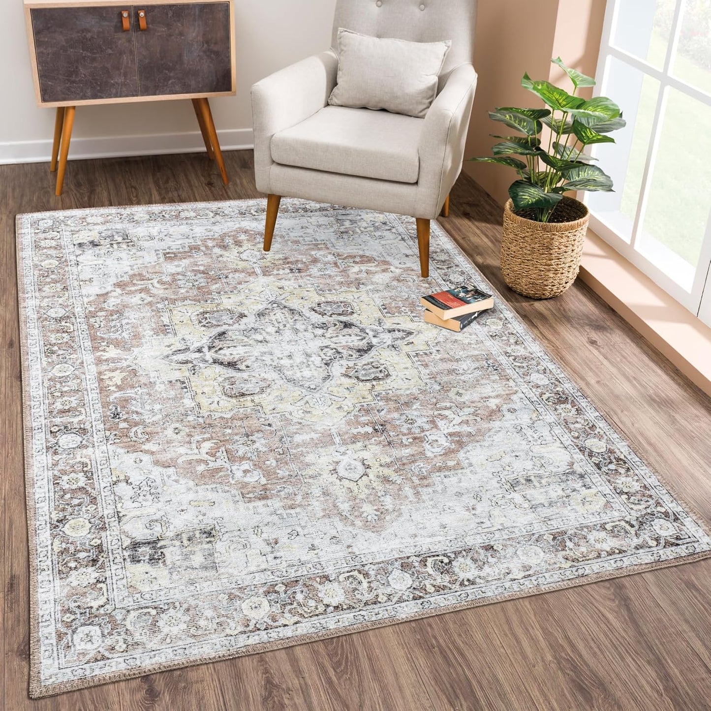 Bloom Rugs Washable Non-Slip 5' x 7' Rug - Blush/Beige Traditional Medallion Area Rug for Living Room, Bedroom, Dining Room, and Kitchen - Exact Size: 5' x 7'