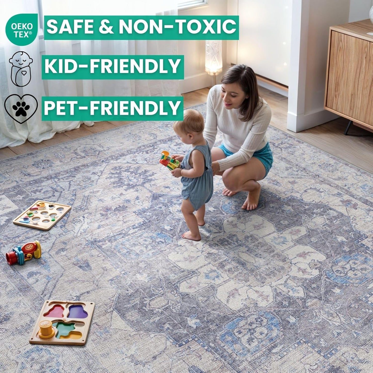 Bloom Rugs Washable Non-Slip 12 ft Runner - Blue/Sand Traditional Medallion Runner for Entryway, Hallway, Bathroom, and Kitchen - Exact Size: 2.5' x 12'