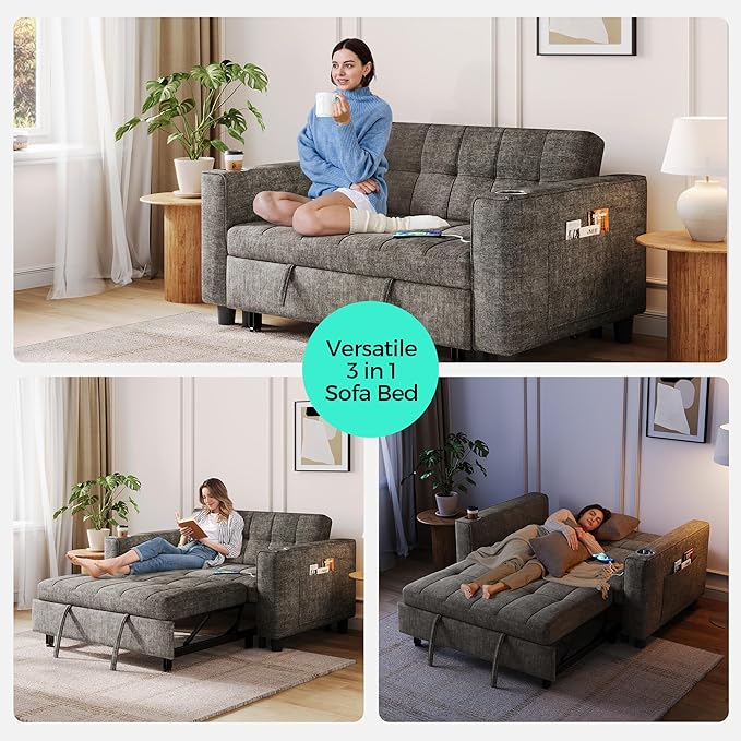 LINSY 54" Pull Out Couch with Charging Station, Small Sleeper Sofa Bed with Cup - Image 6