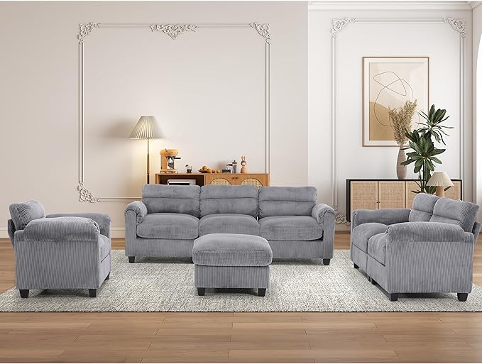 HAOMARKETS Corduroy 4-piece Sofa Set, Upholstered Ottoman, Loveseat 2-Seater by HAOMARKETS