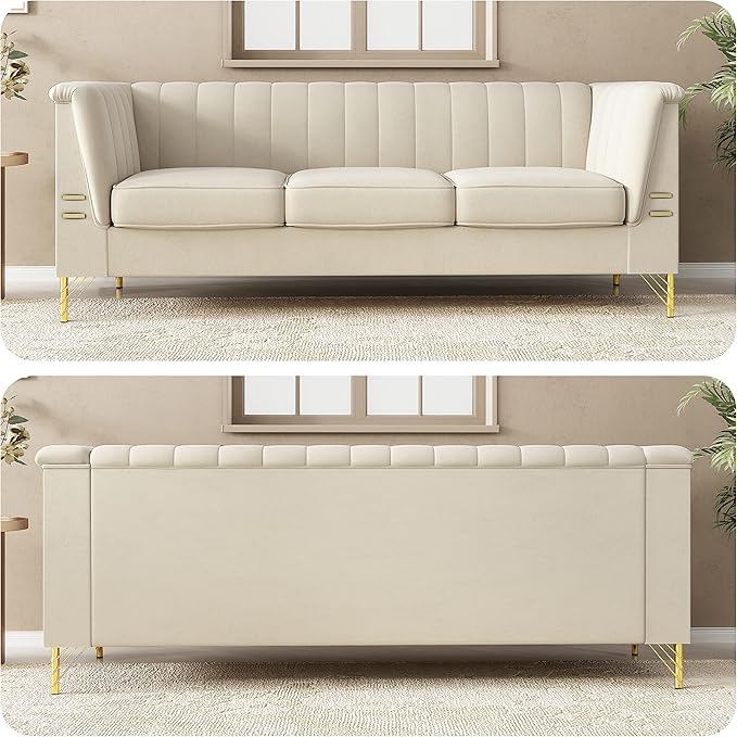 83.46" W Beige Velvet Sofa Couch - Image 4