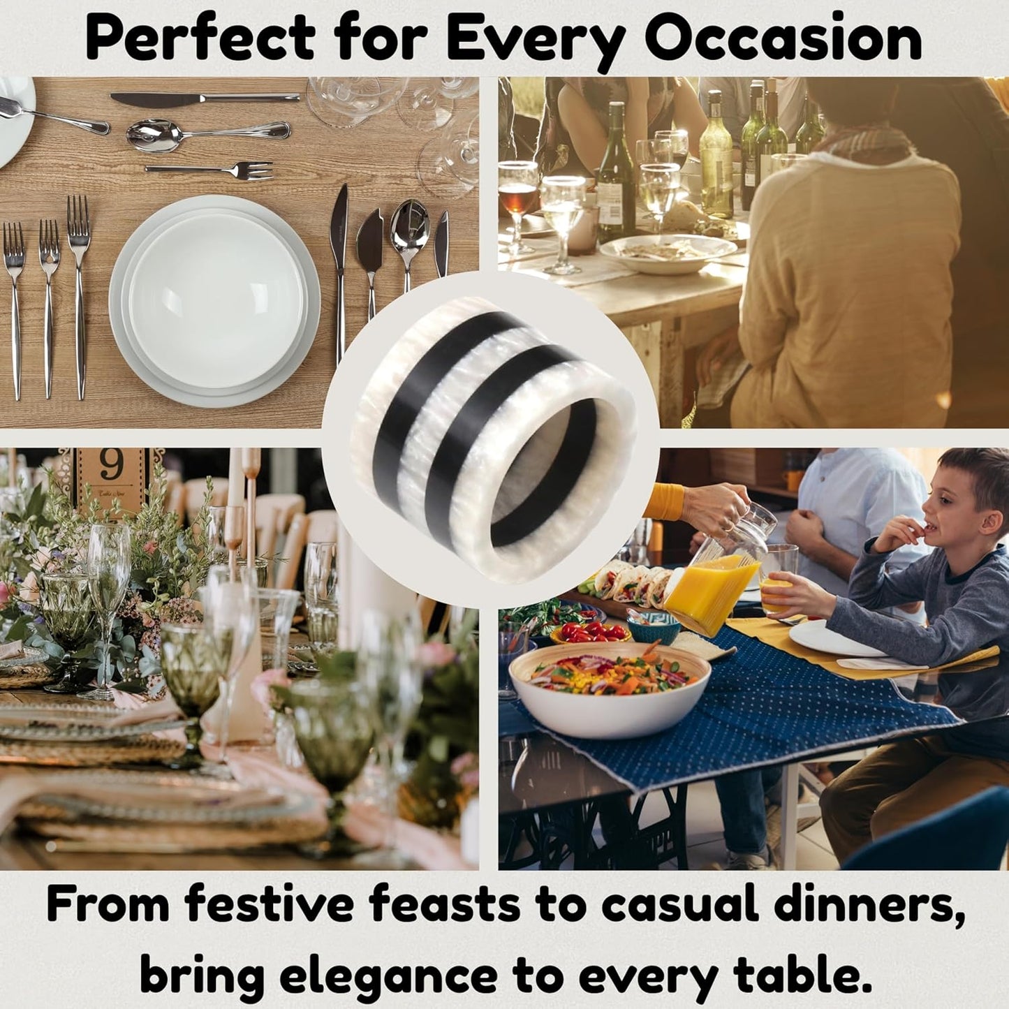 Napkin Rings Set of 12, Resin Round Napkin Holders for Cloth Napkins, Elegant Serviette Rings for Dinner Parties, Weddings, Holiday Décor, Modern Dining Accessories (Black White) - ALPHA Living HOME