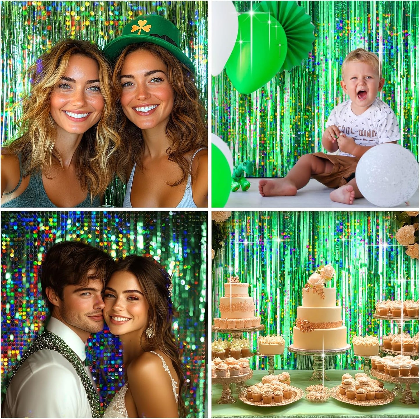 4 Packs Green Foil Fringe Curtain, Green Glitter Metallic Tinsel Backdrop for Birthday, Wedding, Baby Shower, Halloween, Christmas, Hawaiian Luau, Football, Dinosaur Jungle Party Decorations Supplies