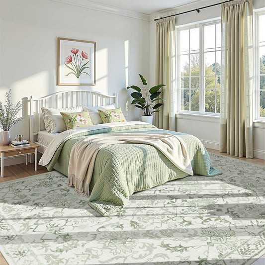 Sage Area Rugs 6x8 for Living Room, Washable Vintage Rugs for Bedroom, Distressed Throw Rug, Non Slip Floral Carpet Green Area Rug for Bedroom Dining Nursery