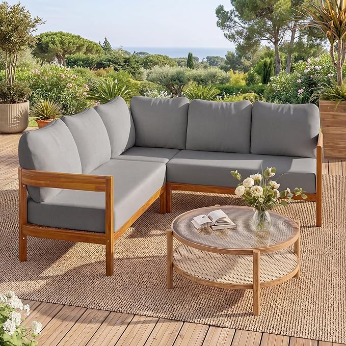 VilroCaz Outdoor Patio Furniture Set, L-Shaped Acacia Wood Sectional Sofa by VilroCaz
