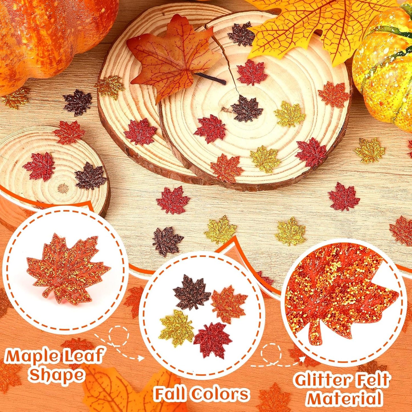 MARFOREVER Fall Felt Maple Leaf Confetti Glitter, 500 Pcs Orange Thanksgiving Leaves Confetti Decorations Autumn Table Sprinkles Scatter Centerpiece for Fall Thanksgiving Day Party Decor Supplies