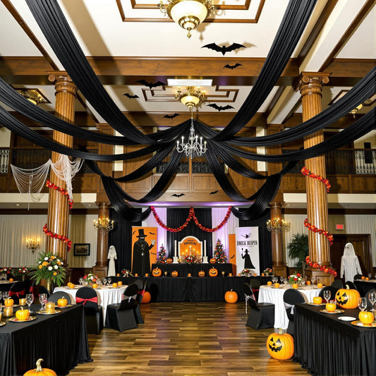 PartyVillage 8 Panels 5ftx30ft Black Ceiling Drapes for Halloween Parties – 30 FT Extra Long Thick Polyester Wrinkle-Free Drapery Tent Decor Decorations for Birthday Party Ceremony Stage Swag