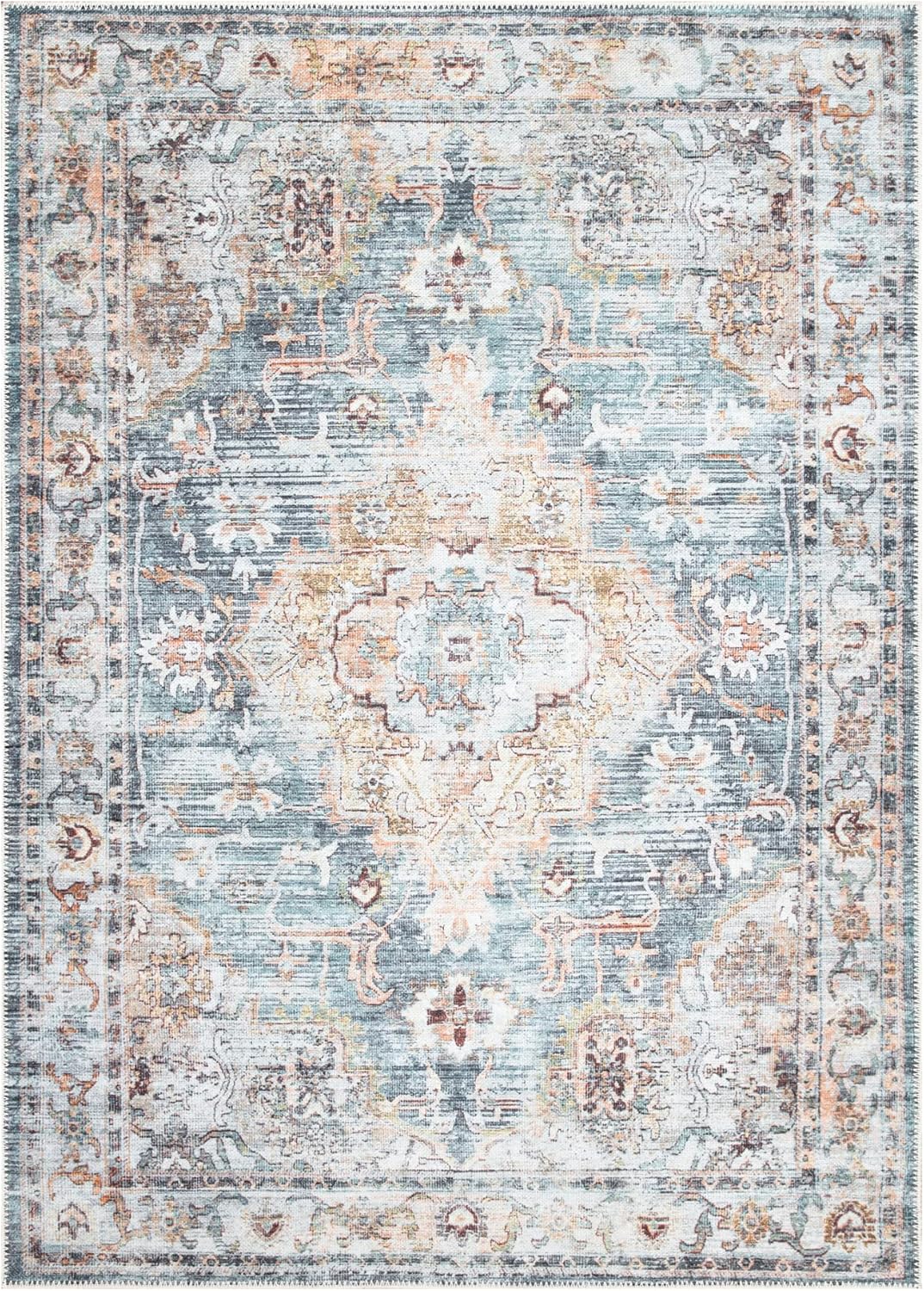Bloom Rugs Washable Non-Slip 4' x 6' Rug - Teal/Peach Traditional Area Rug for Living Room, Bedroom, Dining Room, and Kitchen - Exact Size: 4' x 6'