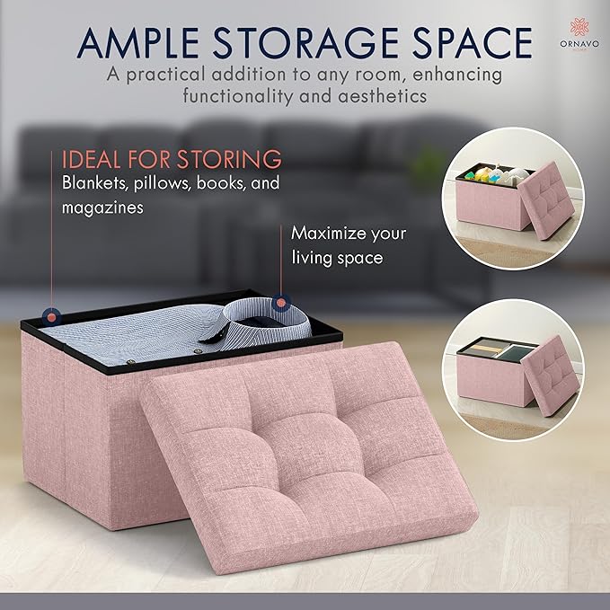 Ornavo Home Small Storage Ottoman, Foldable Collapsible Rectangle Linen Ottoman - Image 3