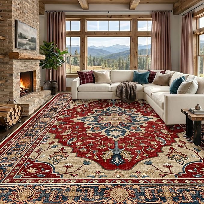 RELEANY Area Rugs 9'x12' Washable Non-Slip, Floral Vintage Distress Print by RELEANY