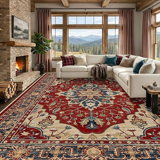 RELEANY Area Rugs 9'x12' Washable Non-Slip, Floral Vintage Distress Print by RELEANY