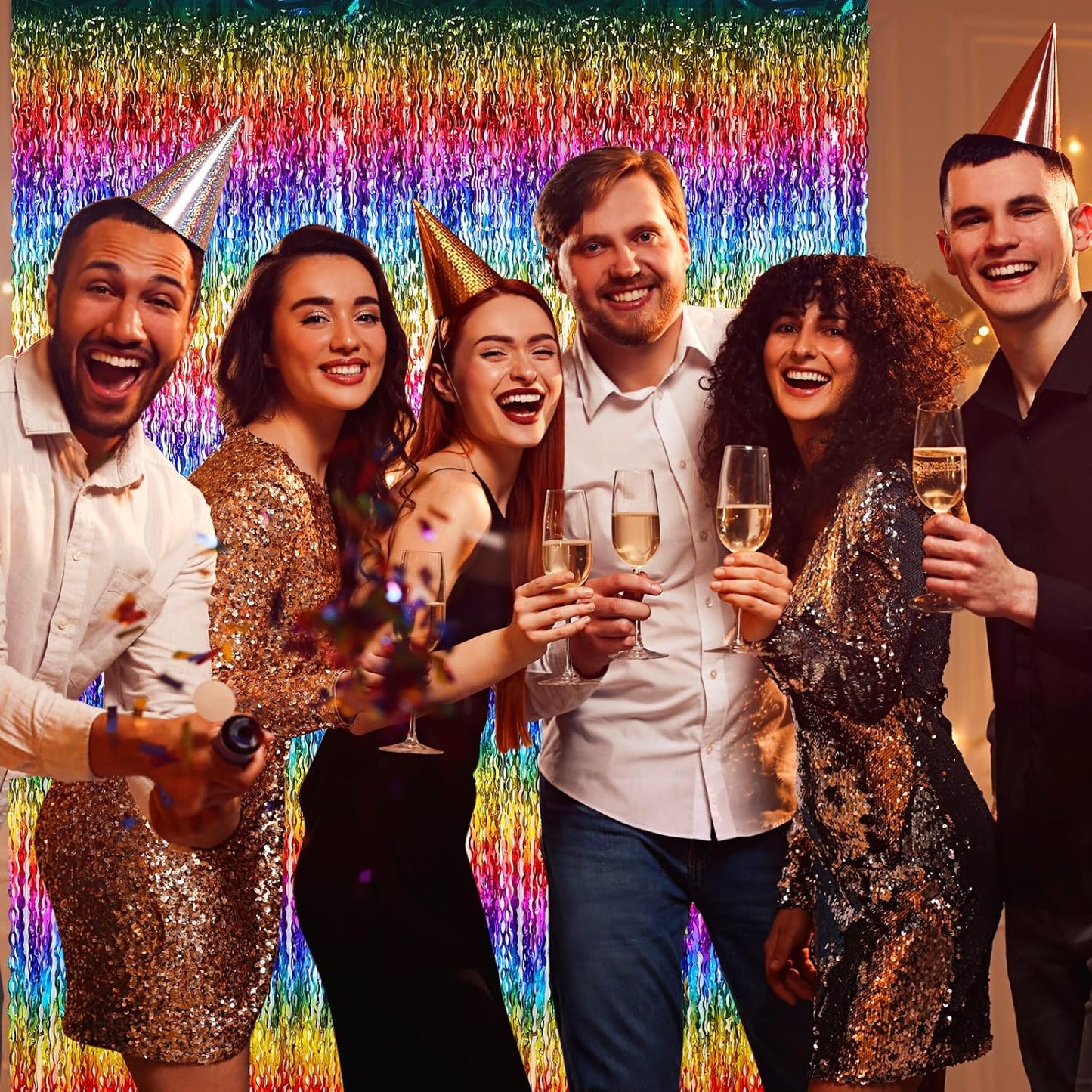 Jutom 6 Pieces 3.3 x 6.6 ft Wavy Tinsel Foil Fringe Curtains Foil Fringe Streamer Backdrop Party Curtain for Sea Mermaid Baby Shower Birthday Party Decoration (Rainbow)