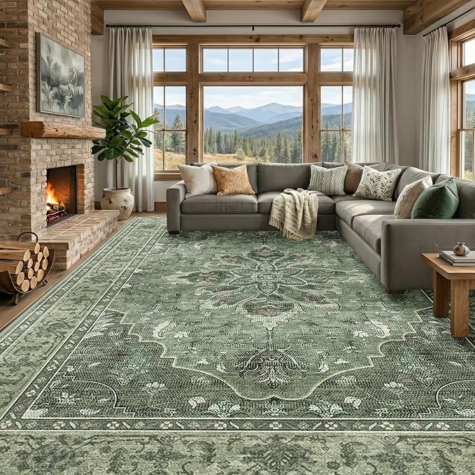RELEANY Area Rugs 10'x12' Washable Non-Slip, Floral Vintage Distress Print by RELEANY