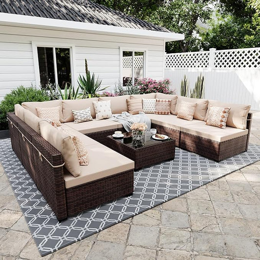 UPHA 9 Pieces Patio Furniture Sets, Wicker Outdoor Sectional Sofa Couch by UPHA