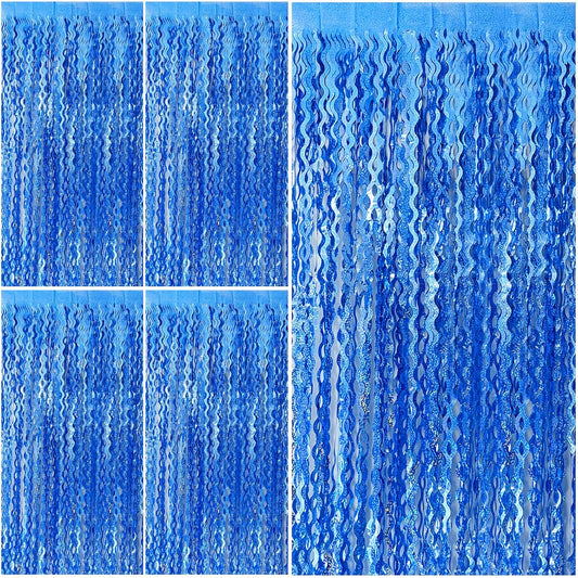 Blue Tinsel Foil Fringe Curtains Wavy Backdrop for Parties Sparkle Metallic Wavy Foil Fringe Backdrop Curtain for Party Decorations Photo Booth Props Birthday Graduation Wedding
