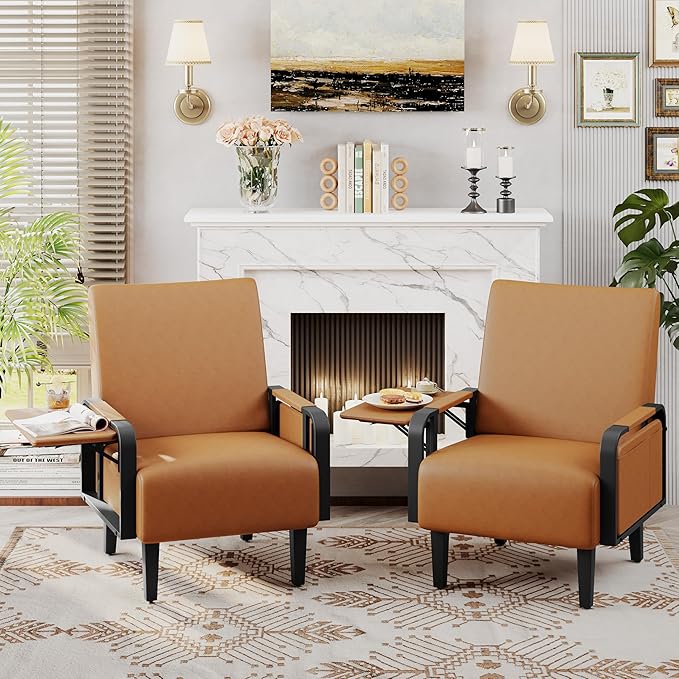 Andeworld Modern Brown Accent Chair, PU Leather Upholstered Armchair Side Chair - Image 8