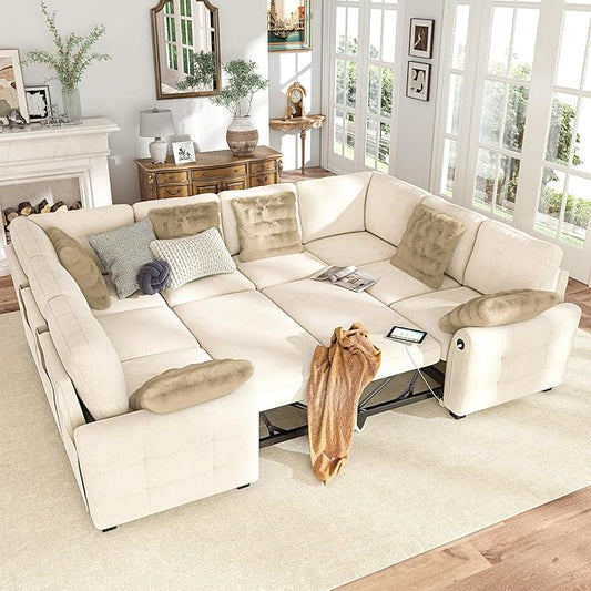Hanherry Sectional Couch with Pull Out Sofa Bed, Chenille Sleeper Sofa with 2 by Hanherry