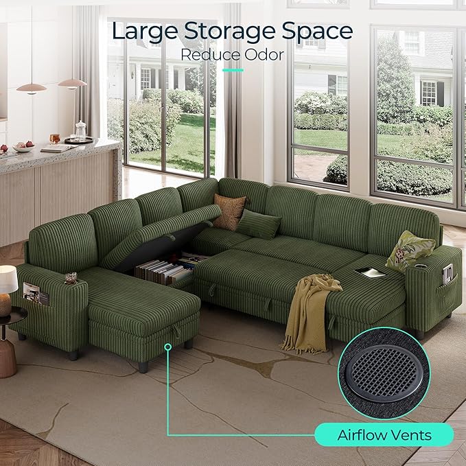 LINSY HOME Sectional Sofa with Pull Out Bed, 7 Seats Corduroy Reversible - Image 3