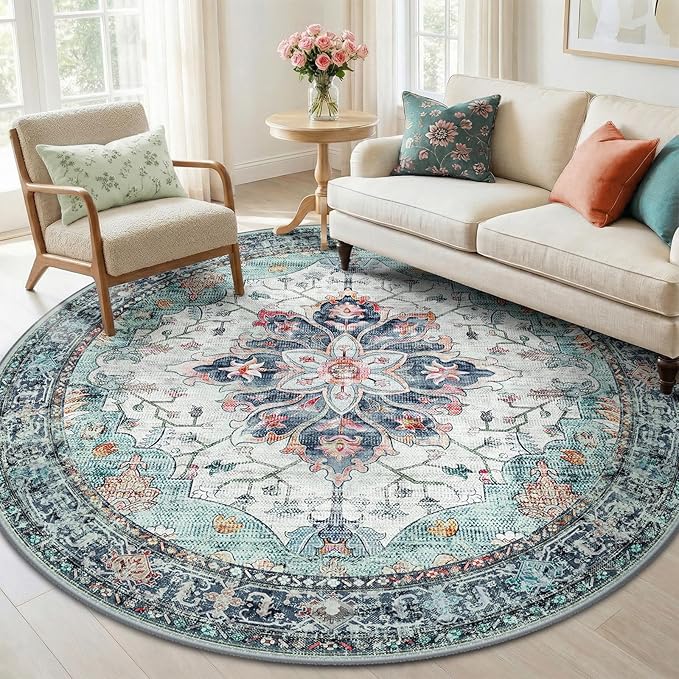 RELEANY Area Rugs Round 6ft Washable Non-Slip, Floral Vintage Distress Print by RELEANY
