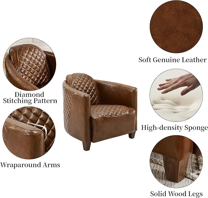 Art Leon Genuine Leather Chair, Mid Century Industrial Accent Arm Chair - Image 4
