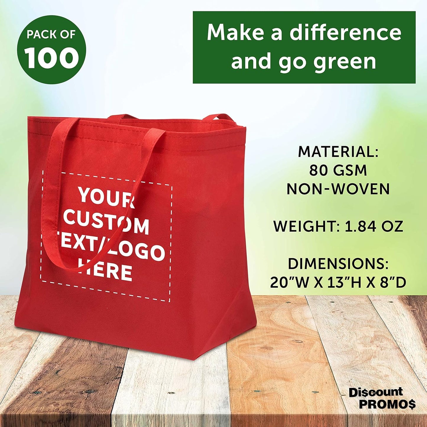 DISCOUNT PROMOS Custom Southern Style Grocery Tote Bags Set of 100 - Personalized Bulk Pack, Reusable Grocery & Shopping Bags - Great for Travel, Business Promotions, July 4th - Red - 20"X13"X8"