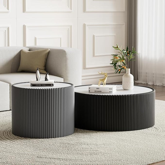 SSLine Round Drum Coffee Table Set of 2 Modern Sintered Stone Top Nesting by SSLine