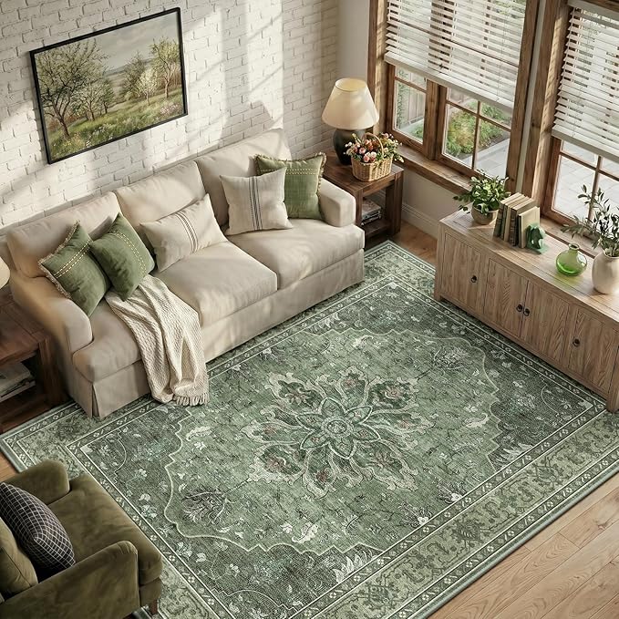 RELEANY Area Rugs 6'x9' Washable Non-Slip, Floral Vintage Distress Print by RELEANY