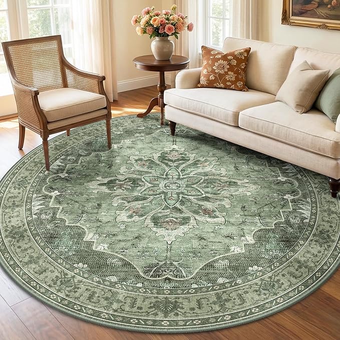 RELEANY Area Rugs Round 6ft Washable Non-Slip, Floral Vintage Distress Print by RELEANY
